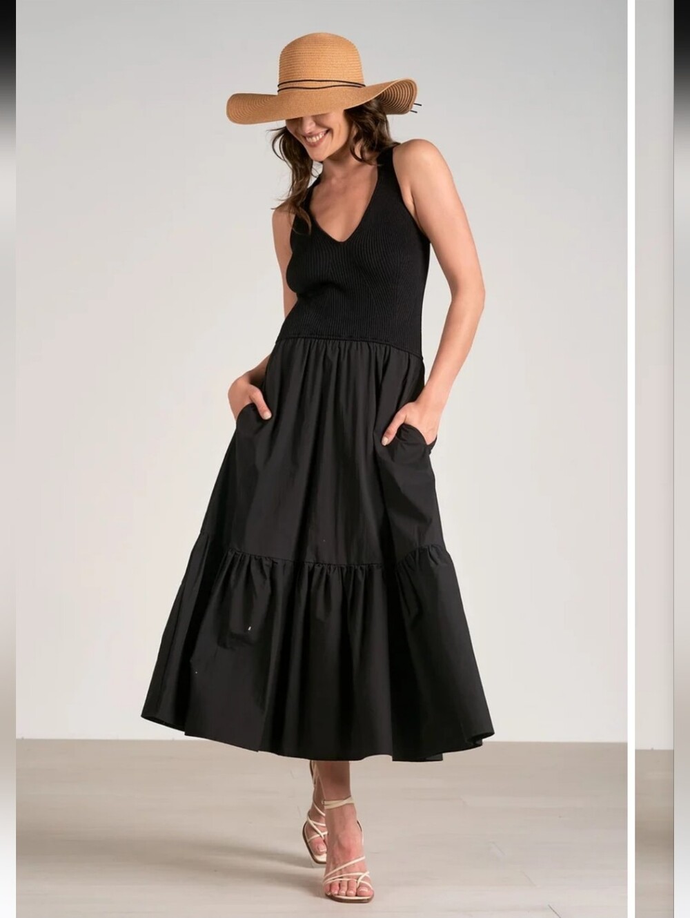 #321.Elan Rhodes Black Maxi Tank Sleeveless Tiered Maxi Skirt $124